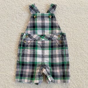 Janie and Jack Boys Infant Baby Plaid Romper Overalls Green Black White 0-3 mos